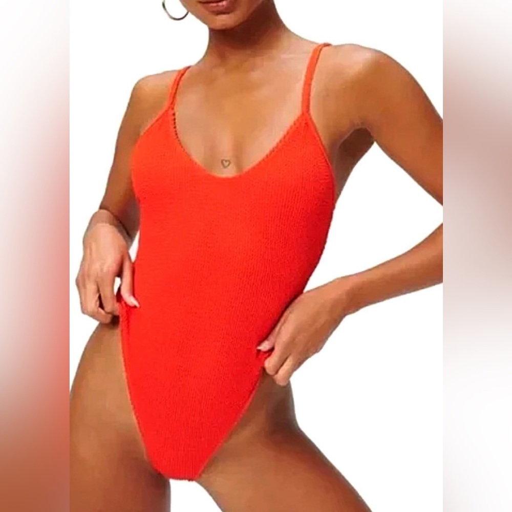 Good American Red Ribbed Scoop Neck One Piece Swimsuit Women Size Large XL